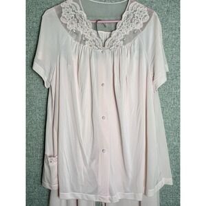 Vintage Pink Shadowline Nylon Floral Lace Embroidered Pajama Pants Shirt Robe 1X